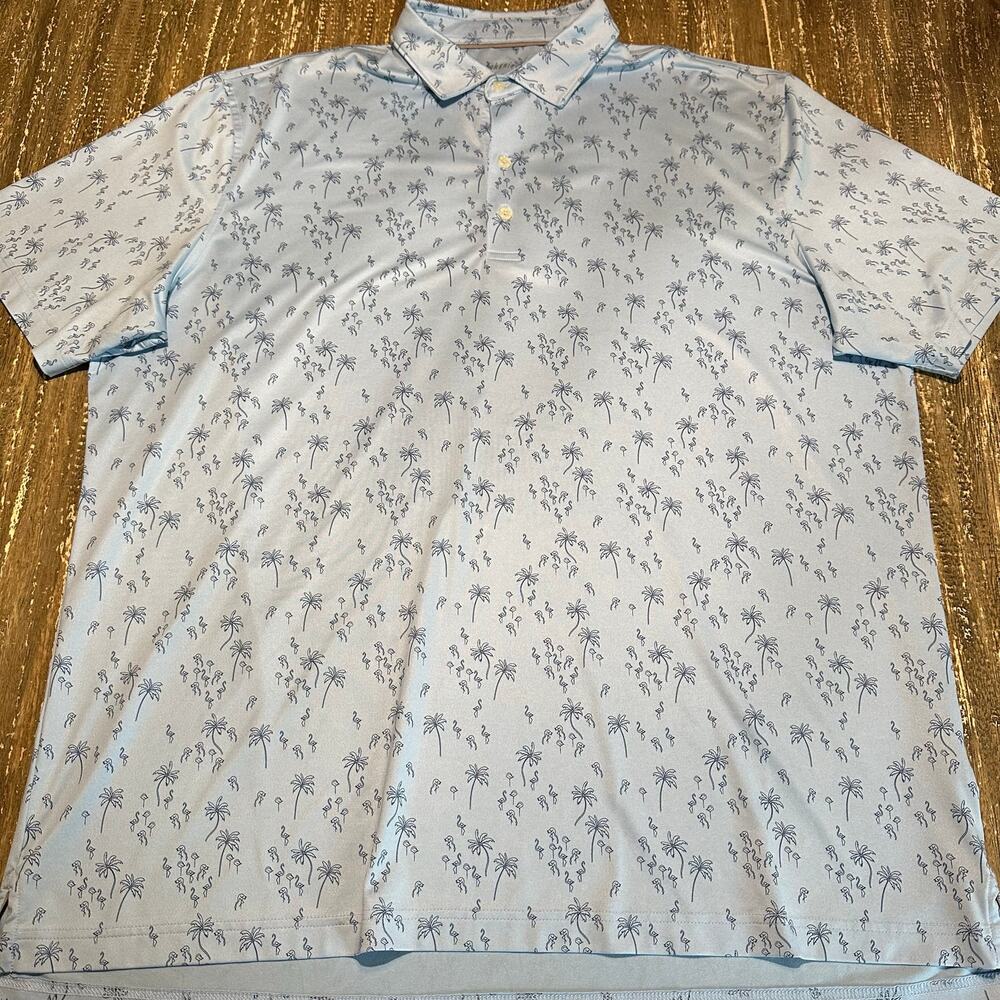 Johnnie-O Performance Golf Polo Shirt Tropical Beach AOP Blue Men’s Size XL